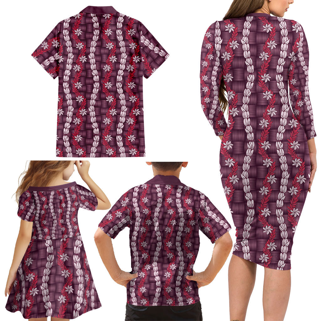 Pikake Maile Tiare Lei Family Matching Long Sleeve Bodycon Dress and Hawaiian Shirt Akala Lauhala Pattern