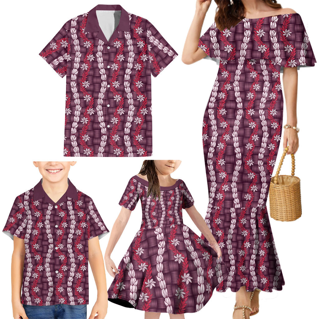 Pikake Maile Tiare Lei Family Matching Mermaid Dress and Hawaiian Shirt Akala Lauhala Pattern
