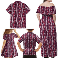 Pikake Maile Tiare Lei Family Matching Off Shoulder Maxi Dress and Hawaiian Shirt Akala Lauhala Pattern
