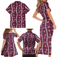Pikake Maile Tiare Lei Family Matching Short Sleeve Bodycon Dress and Hawaiian Shirt Akala Lauhala Pattern