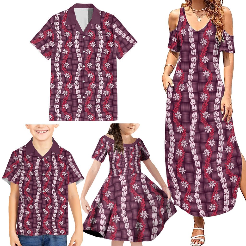 Pikake Maile Tiare Lei Family Matching Summer Maxi Dress and Hawaiian Shirt Akala Lauhala Pattern
