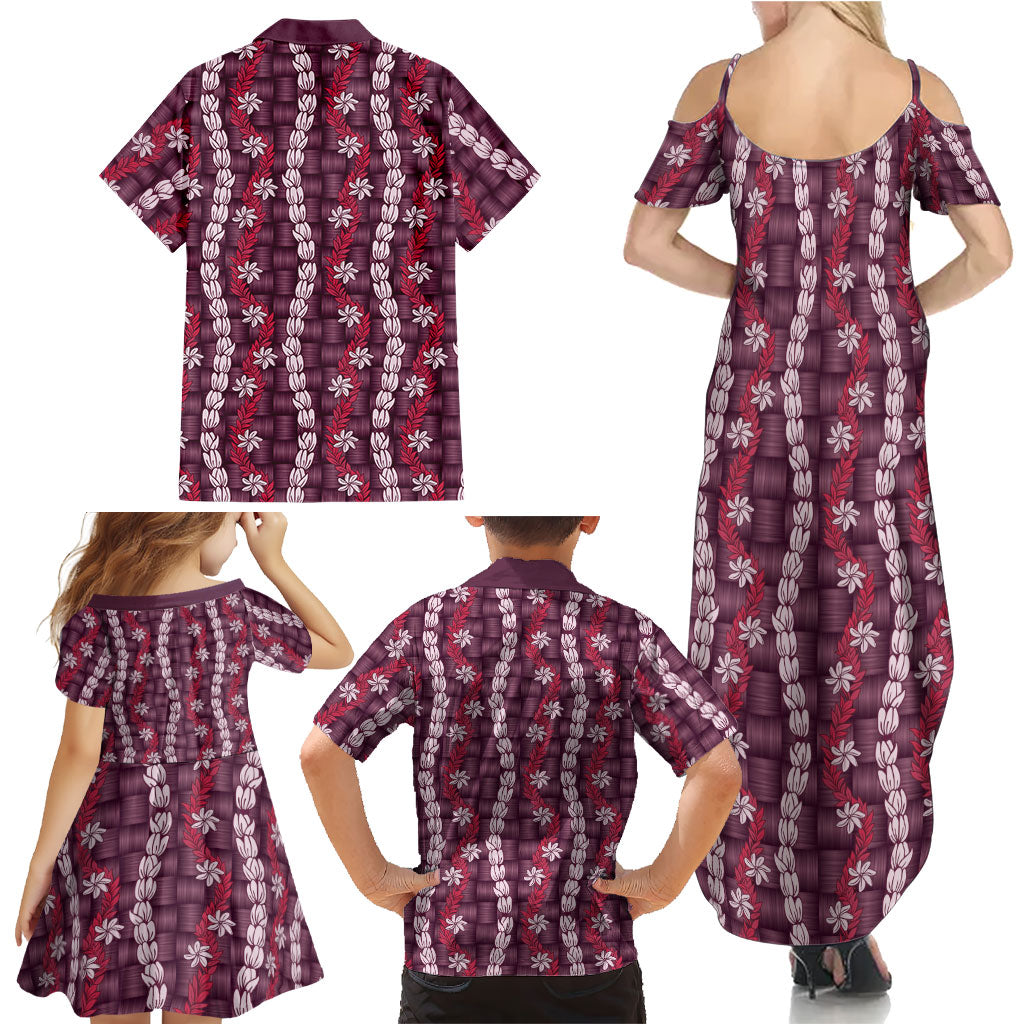 Pikake Maile Tiare Lei Family Matching Summer Maxi Dress and Hawaiian Shirt Akala Lauhala Pattern