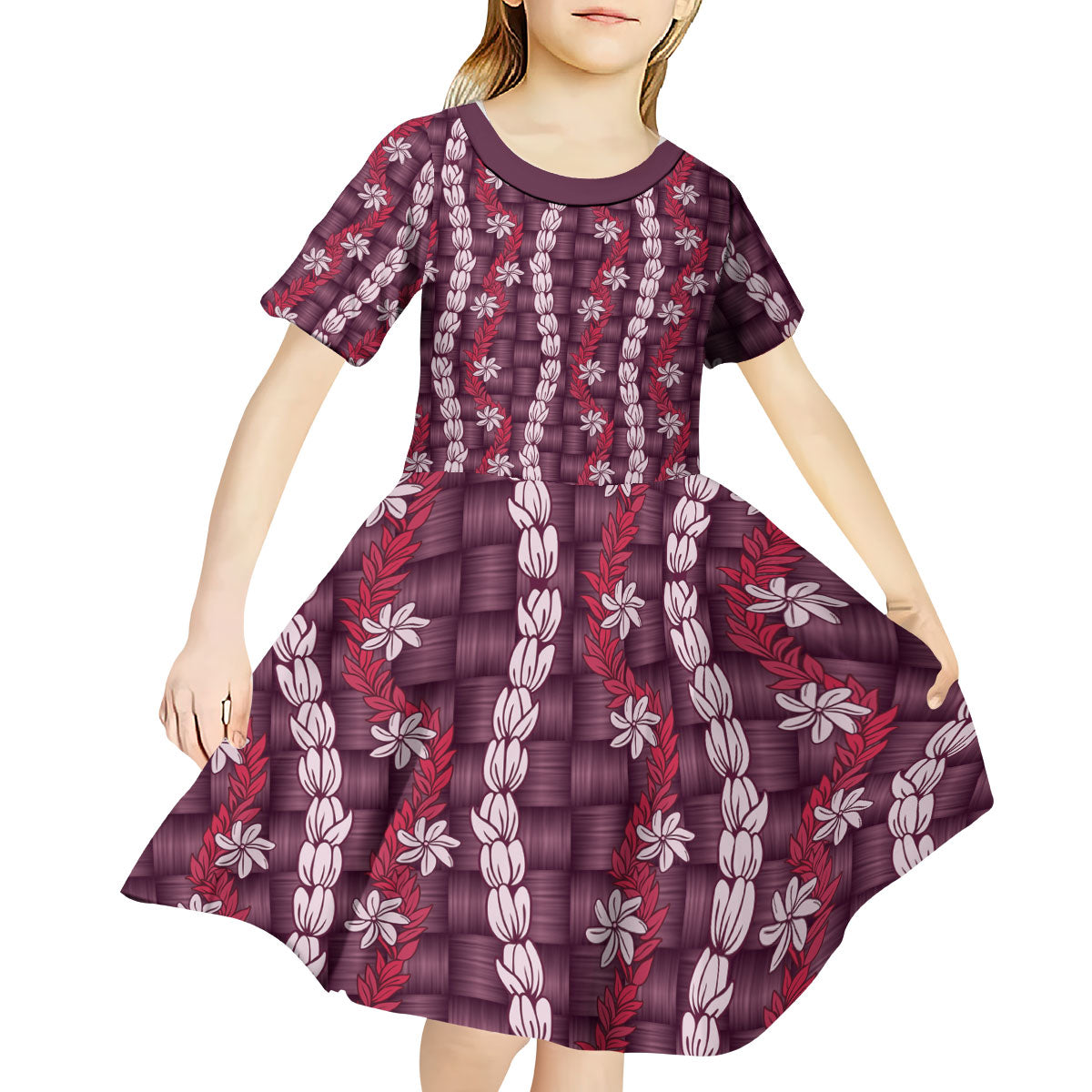 Pikake Maile Tiare Lei Kid Short Sleeve Dress Akala Lauhala Pattern