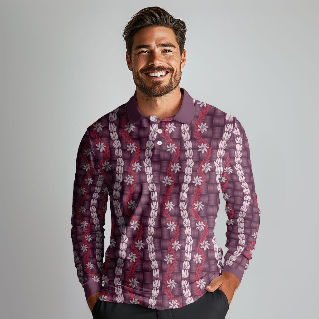 Pikake Maile Tiare Lei Long Sleeve Polo Shirt Akala Lauhala Pattern