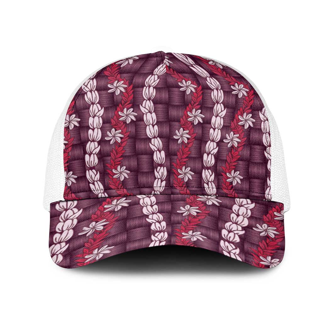 Pikake Maile Tiare Lei Mesh Trucker Cap Akala Lauhala Pattern LT01 One Size White Pink - Polynesian Pride