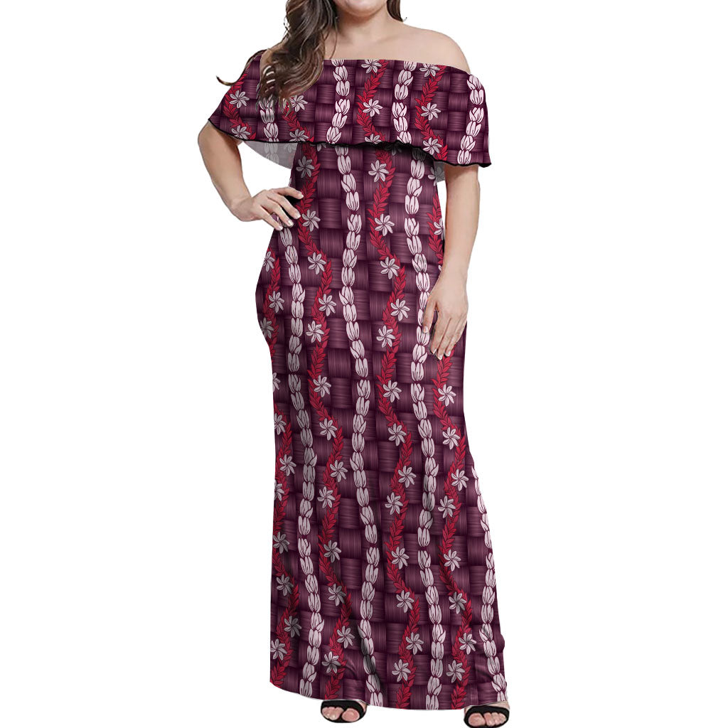 Pikake Maile Tiare Lei Off Shoulder Maxi Dress Akala Lauhala Pattern LT01 Women Pink - Polynesian Pride