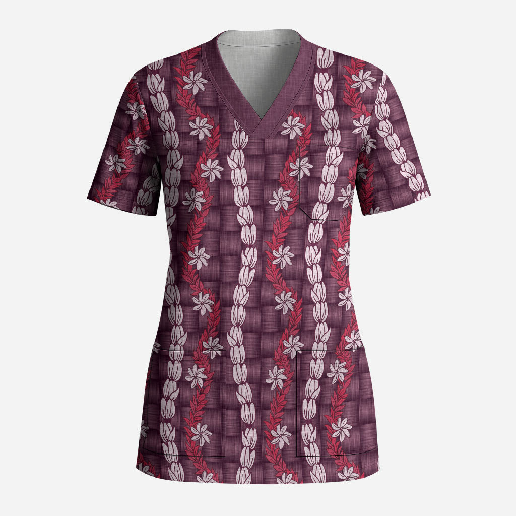 Pikake Maile Tiare Lei Scrub Top Akala Lauhala Pattern LT01 Adult Pink - Polynesian Pride