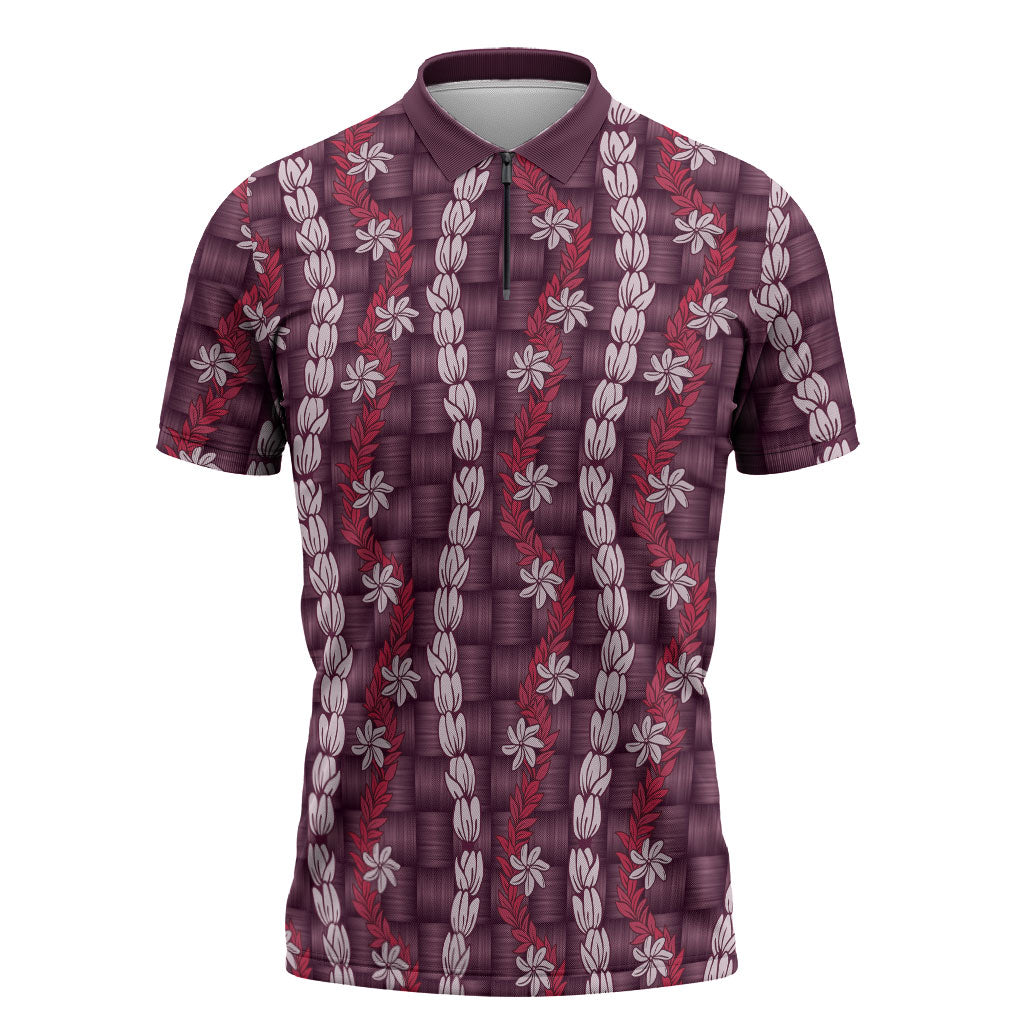 Pikake Maile Tiare Lei Zipper Polo Shirt Akala Lauhala Pattern