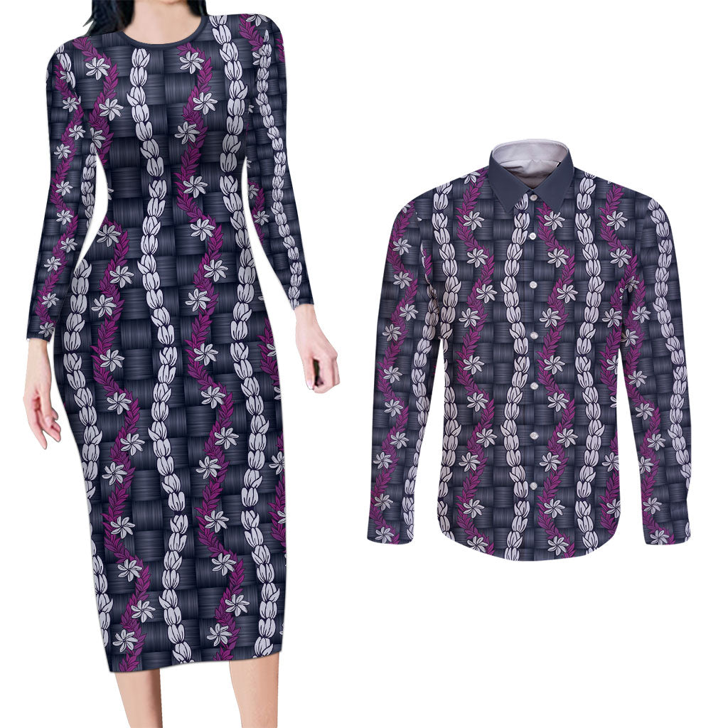 Pikake Maile Tiare Lei Couples Matching Long Sleeve Bodycon Dress and Long Sleeve Button Shirt Poni Lauhala Pattern LT01 Purple - Polynesian Pride
