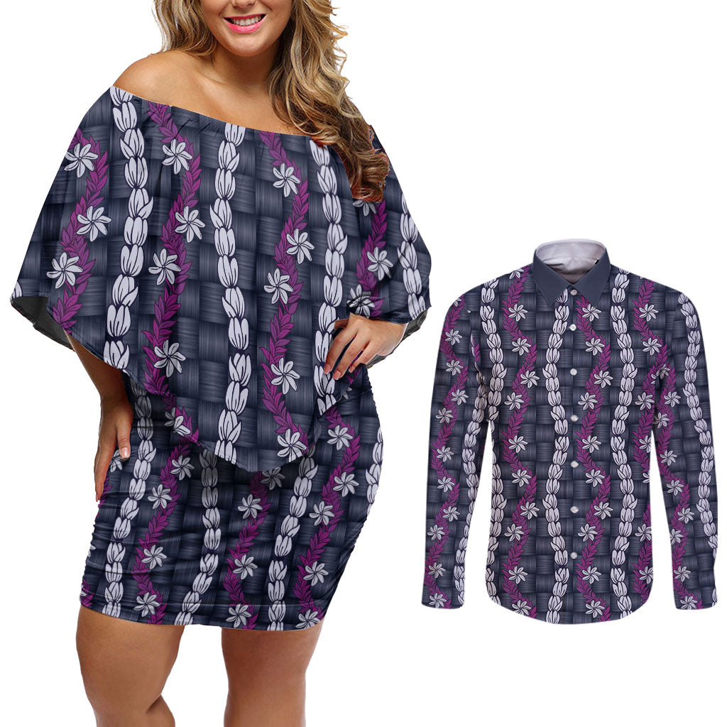 Pikake Maile Tiare Lei Couples Matching Off Shoulder Short Dress and Long Sleeve Button Shirt Poni Lauhala Pattern LT01 Purple - Polynesian Pride