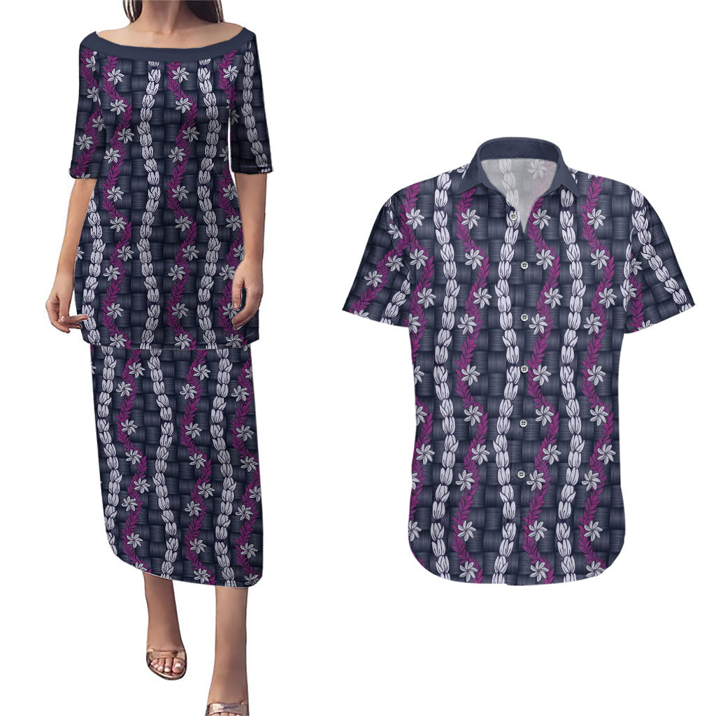Pikake Maile Tiare Lei Couples Matching Puletasi and Hawaiian Shirt Poni Lauhala Pattern LT01 Purple - Polynesian Pride