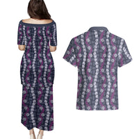 Pikake Maile Tiare Lei Couples Matching Puletasi and Hawaiian Shirt Poni Lauhala Pattern