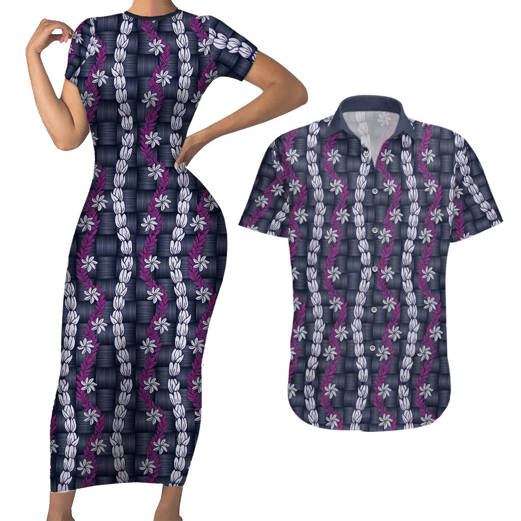 Pikake Maile Tiare Lei Couples Matching Short Sleeve Bodycon Dress and Hawaiian Shirt Poni Lauhala Pattern