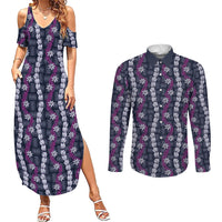 Pikake Maile Tiare Lei Couples Matching Summer Maxi Dress and Long Sleeve Button Shirt Poni Lauhala Pattern