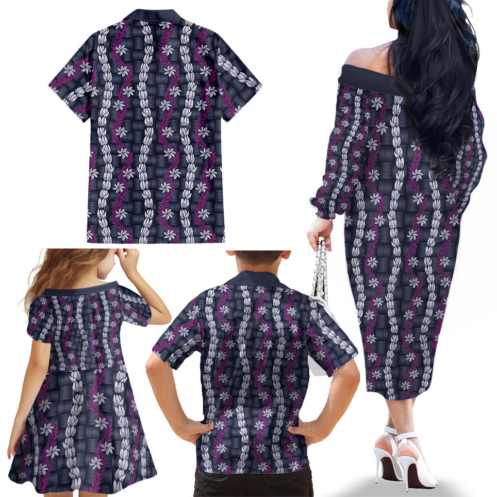 Pikake Maile Tiare Lei Family Matching Off The Shoulder Long Sleeve Dress and Hawaiian Shirt Poni Lauhala Pattern