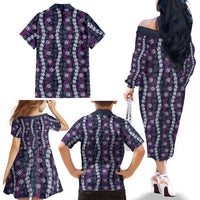 Pikake Maile Tiare Lei Family Matching Off The Shoulder Long Sleeve Dress and Hawaiian Shirt Poni Lauhala Pattern