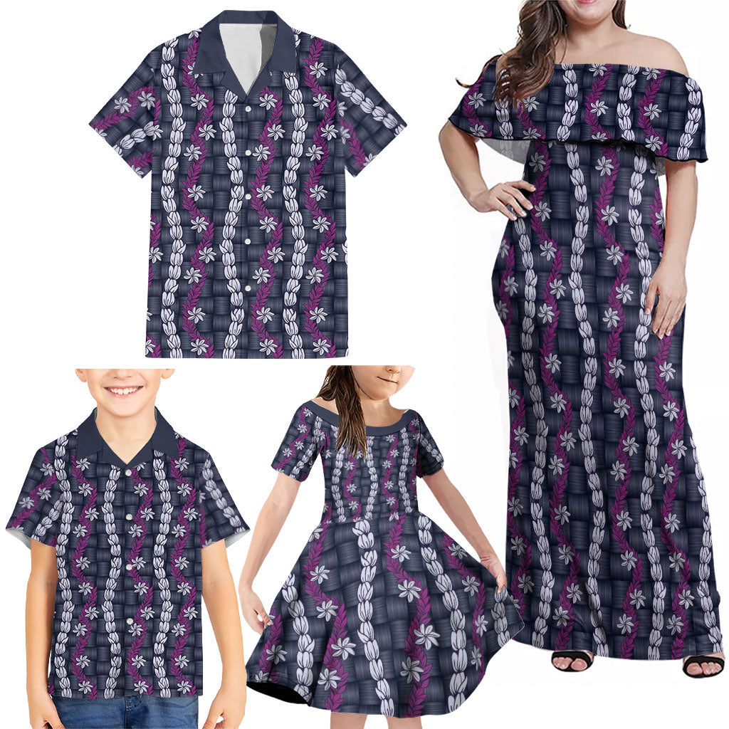Pikake Maile Tiare Lei Family Matching Off Shoulder Maxi Dress and Hawaiian Shirt Poni Lauhala Pattern
