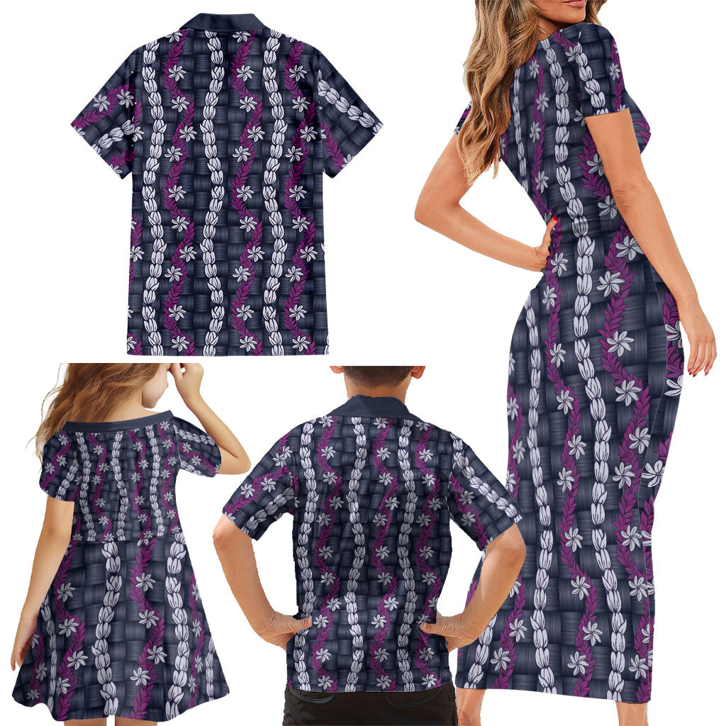Pikake Maile Tiare Lei Family Matching Short Sleeve Bodycon Dress and Hawaiian Shirt Poni Lauhala Pattern