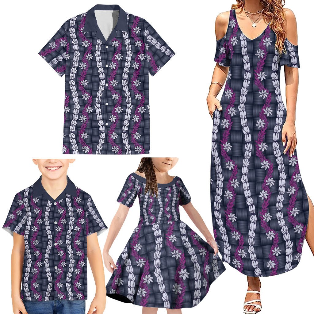 Pikake Maile Tiare Lei Family Matching Summer Maxi Dress and Hawaiian Shirt Poni Lauhala Pattern