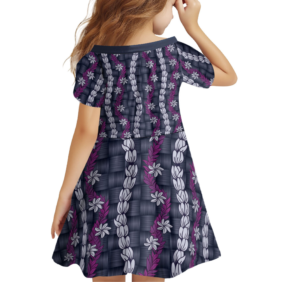 Pikake Maile Tiare Lei Kid Short Sleeve Dress Poni Lauhala Pattern
