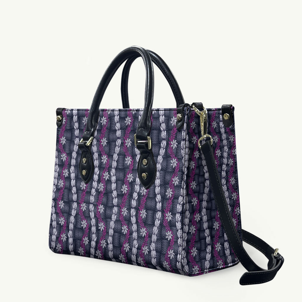 Pikake Maile Tiare Lei Leather Bag Poni Lauhala Pattern LT01 Purple - Polynesian Pride