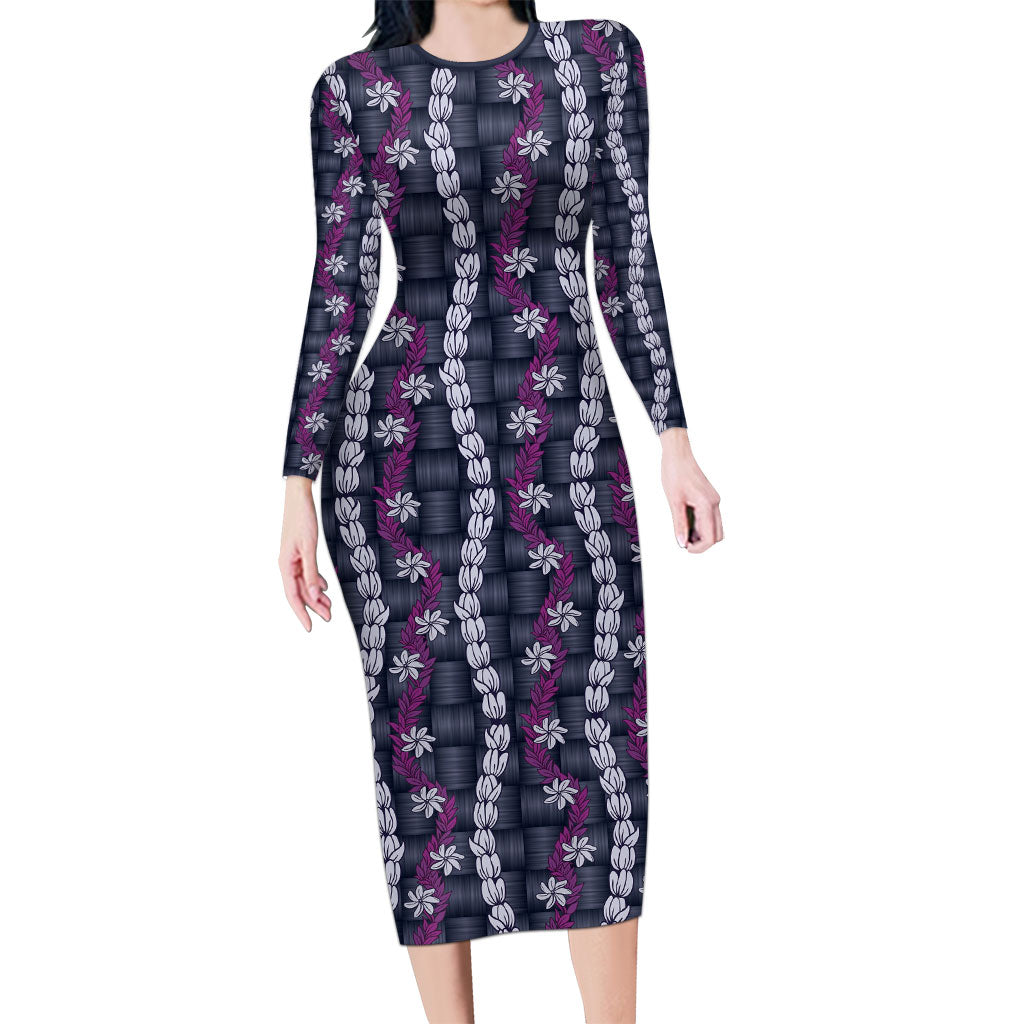 Pikake Maile Tiare Lei Long Sleeve Bodycon Dress Poni Lauhala Pattern LT01 Long Dress Purple - Polynesian Pride