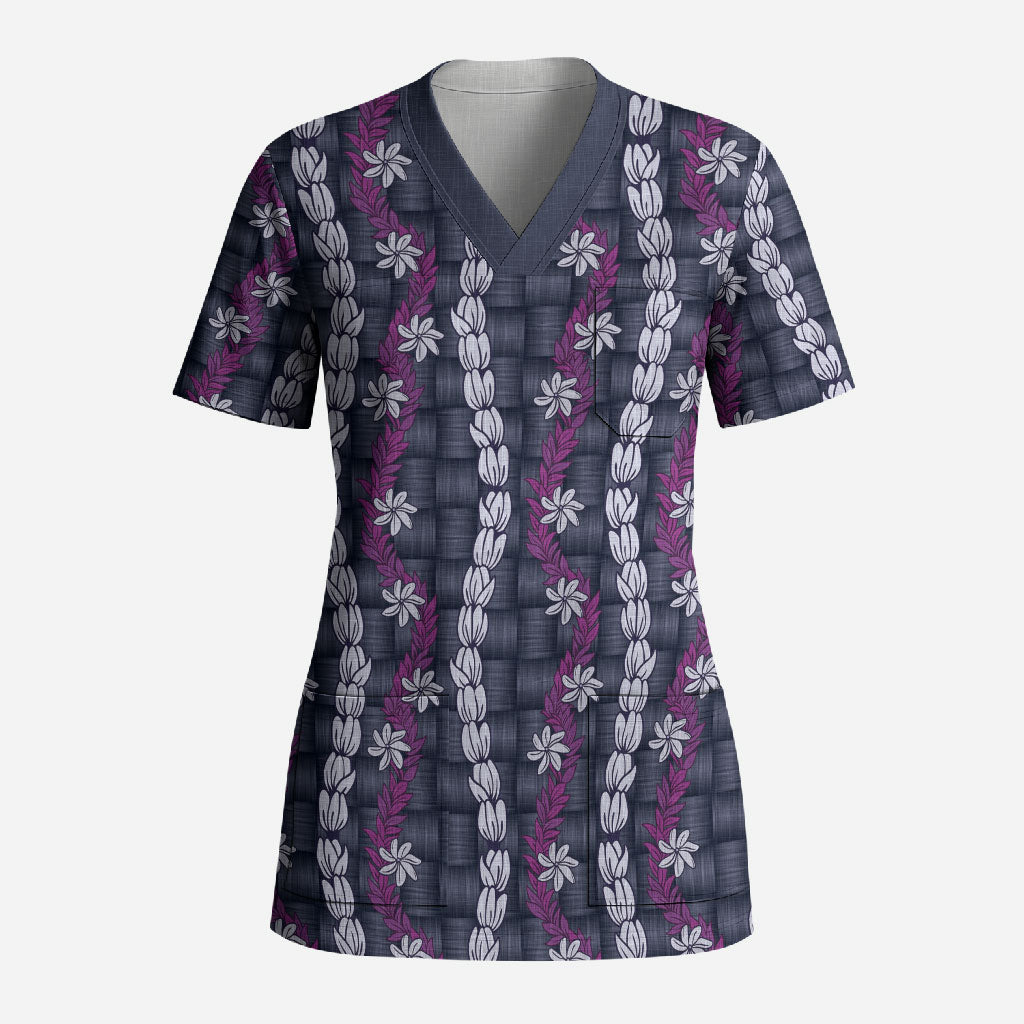 Pikake Maile Tiare Lei Scrub Top Poni Lauhala Pattern LT01 Adult Purple - Polynesian Pride