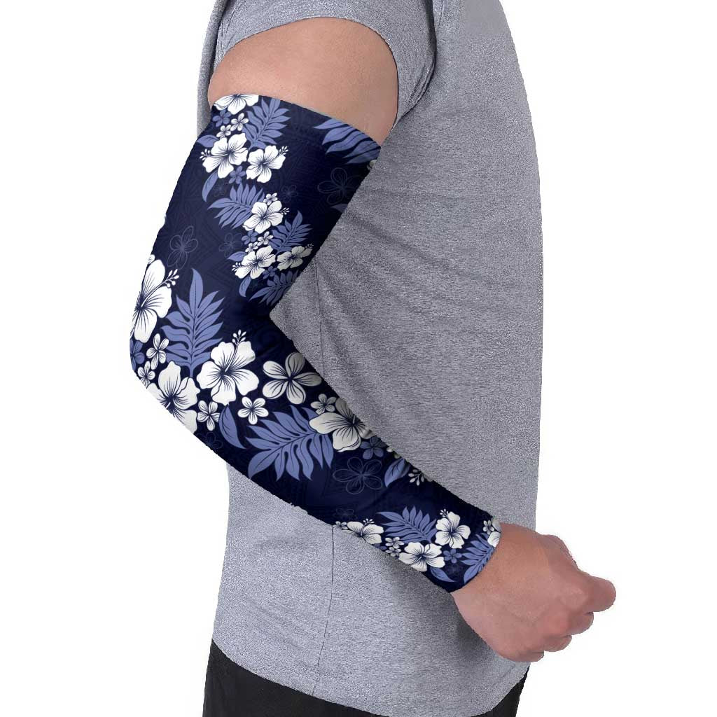 Hawaiian Hibiscus Tribal Floral Blue Arm Sleeves Polynesian Tapa Pattern - Polynesian Pride