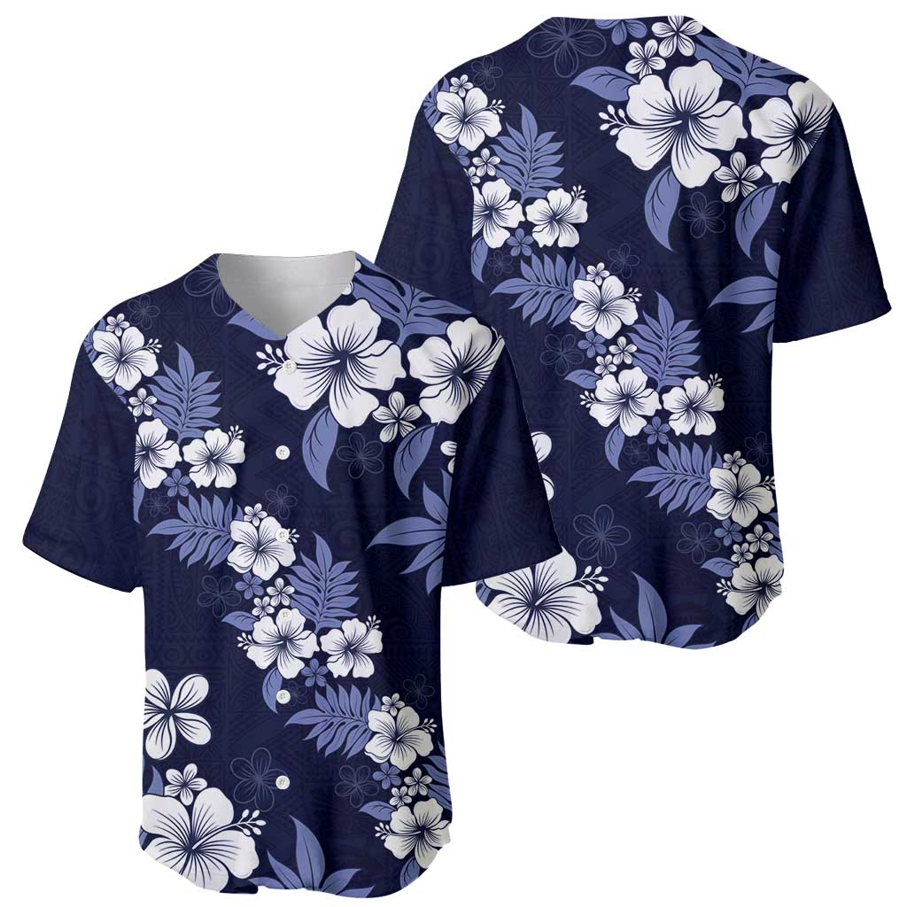 Hawaiian Hibiscus Tribal Floral Blue Baseball Jersey Polynesian Tapa Pattern - Polynesian Pride