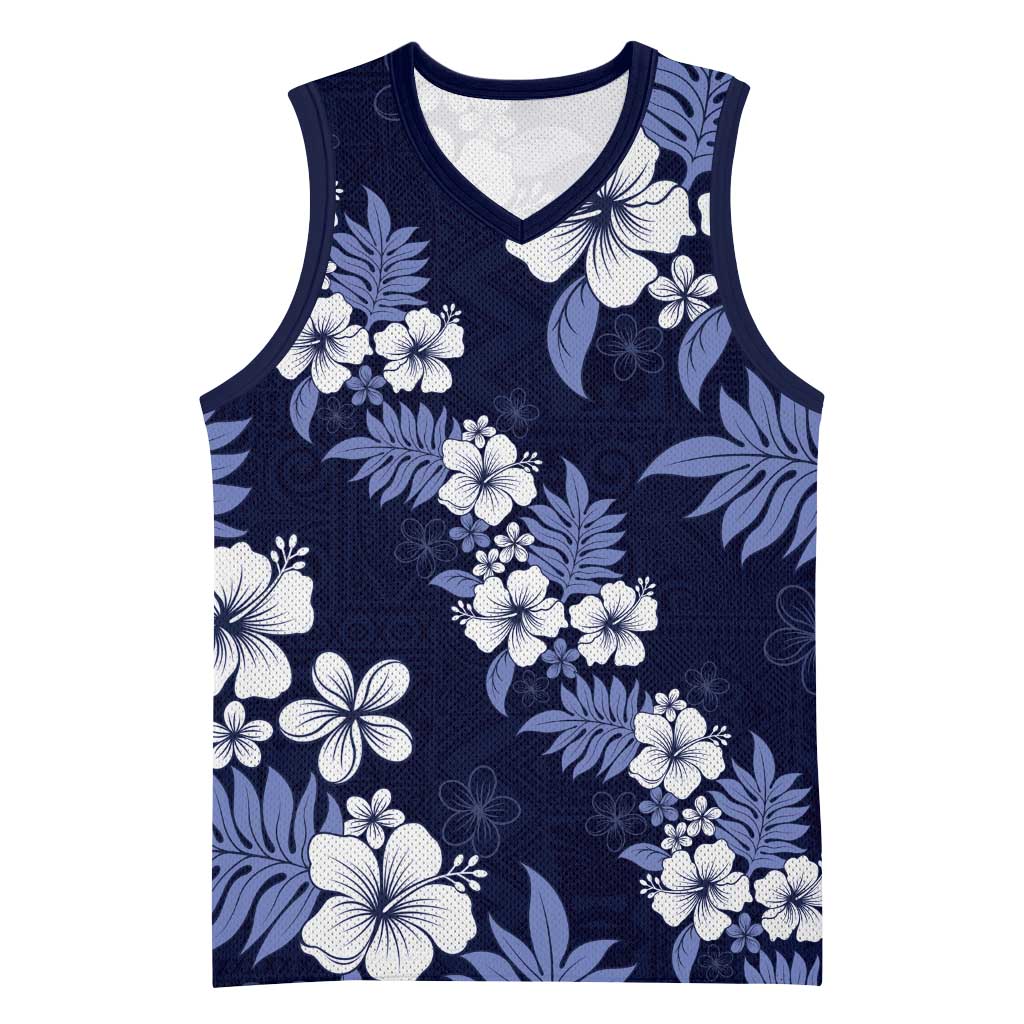 Hawaiian Hibiscus Tribal Floral Blue Basketball Jersey Polynesian Tapa Pattern - Polynesian Pride