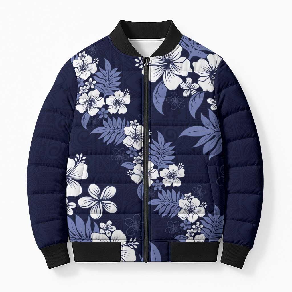 Hawaiian Hibiscus Tribal Floral Blue Bomber Puffer Jacket Polynesian Tapa Pattern - Polynesian Pride