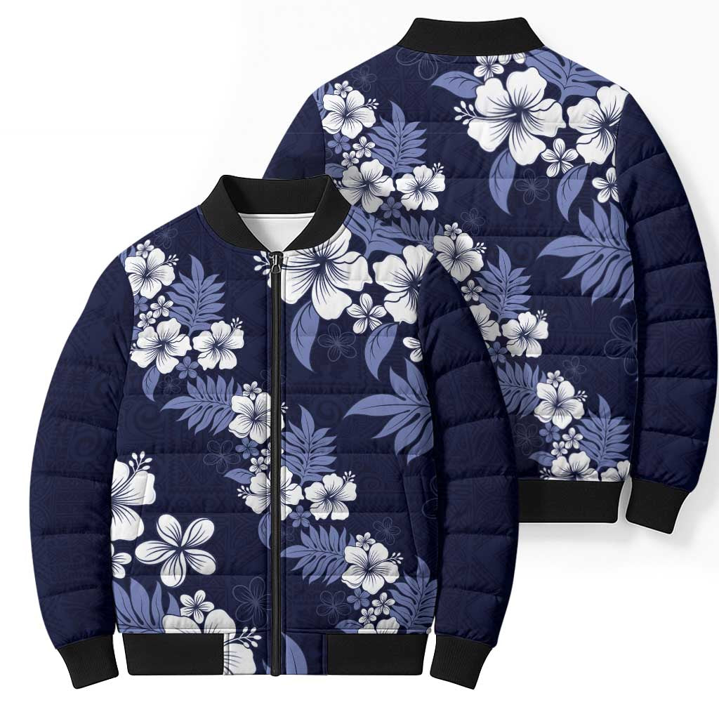 Hawaiian Hibiscus Tribal Floral Blue Bomber Puffer Jacket Polynesian Tapa Pattern - Polynesian Pride