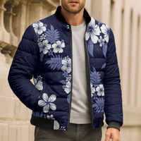 Hawaiian Hibiscus Tribal Floral Blue Bomber Puffer Jacket Polynesian Tapa Pattern - Polynesian Pride