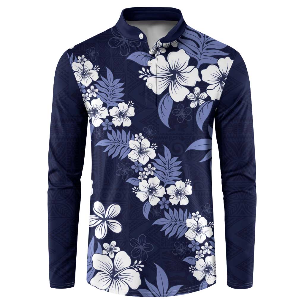 Hawaiian Hibiscus Tribal Floral Blue Button Sweatshirt Polynesian Tapa Pattern LT01 Blue - Polynesian Pride