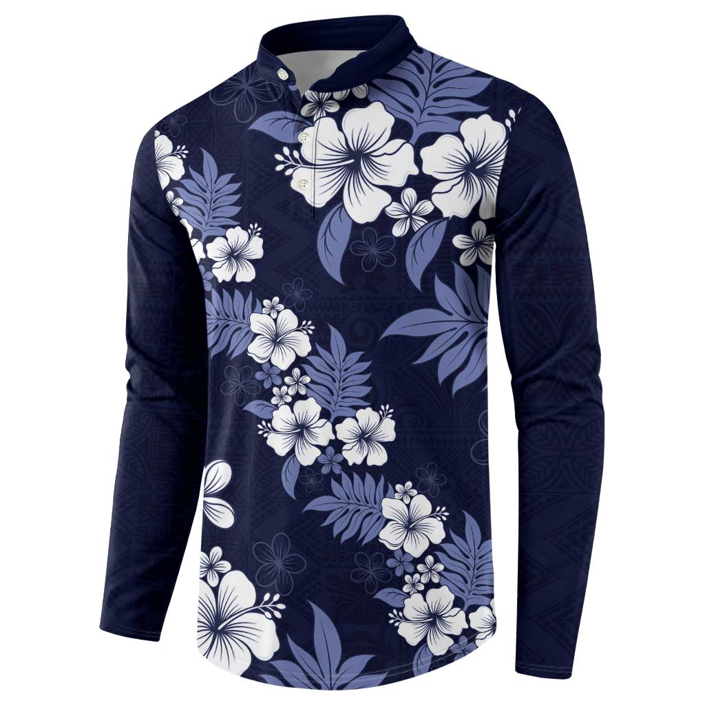 Hawaiian Hibiscus Tribal Floral Blue Button Sweatshirt Polynesian Tapa Pattern LT01 - Polynesian Pride