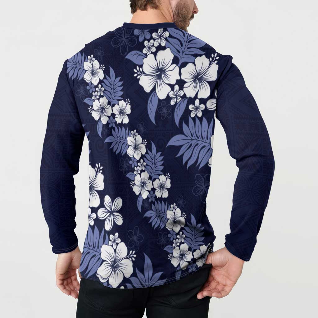Hawaiian Hibiscus Tribal Floral Blue Button Sweatshirt Polynesian Tapa Pattern LT01 - Polynesian Pride