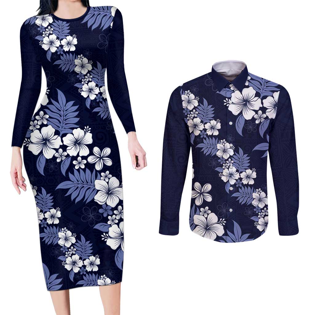 Hawaiian Hibiscus Tribal Floral Blue Couples Matching Long Sleeve Bodycon Dress and Long Sleeve Button Shirt Polynesian Tapa Pattern LT01 Blue - Polynesian Pride