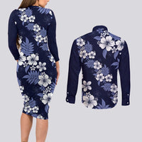 Hawaiian Hibiscus Tribal Floral Blue Couples Matching Long Sleeve Bodycon Dress and Long Sleeve Button Shirt Polynesian Tapa Pattern LT01 - Polynesian Pride