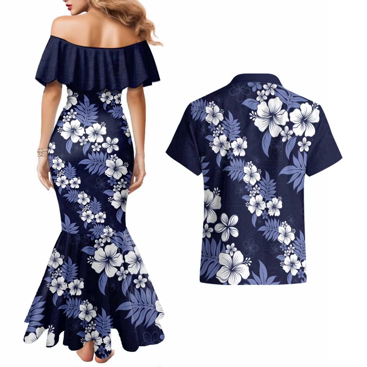 Hawaiian Hibiscus Tribal Floral Blue Couples Matching Mermaid Dress and Hawaiian Shirt Polynesian Tapa Pattern LT01 - Polynesian Pride