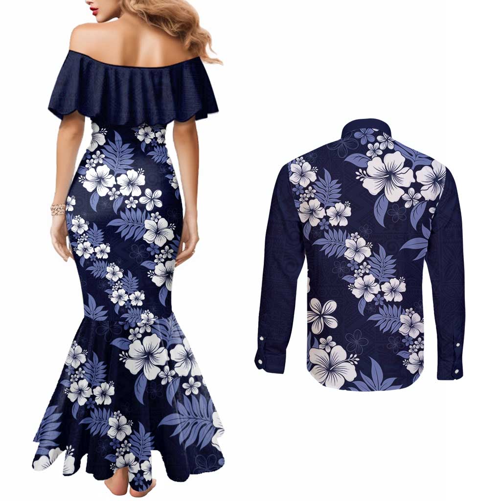 Hawaiian Hibiscus Tribal Floral Blue Couples Matching Mermaid Dress and Long Sleeve Button Shirt Polynesian Tapa Pattern LT01 - Polynesian Pride