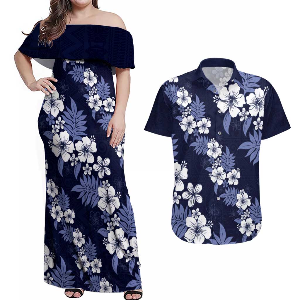 Hawaiian Hibiscus Tribal Floral Blue Couples Matching Off Shoulder Maxi Dress and Hawaiian Shirt Polynesian Tapa Pattern LT01 Blue - Polynesian Pride