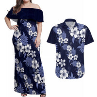 Hawaiian Hibiscus Tribal Floral Blue Couples Matching Off Shoulder Maxi Dress and Hawaiian Shirt Polynesian Tapa Pattern LT01 Blue - Polynesian Pride