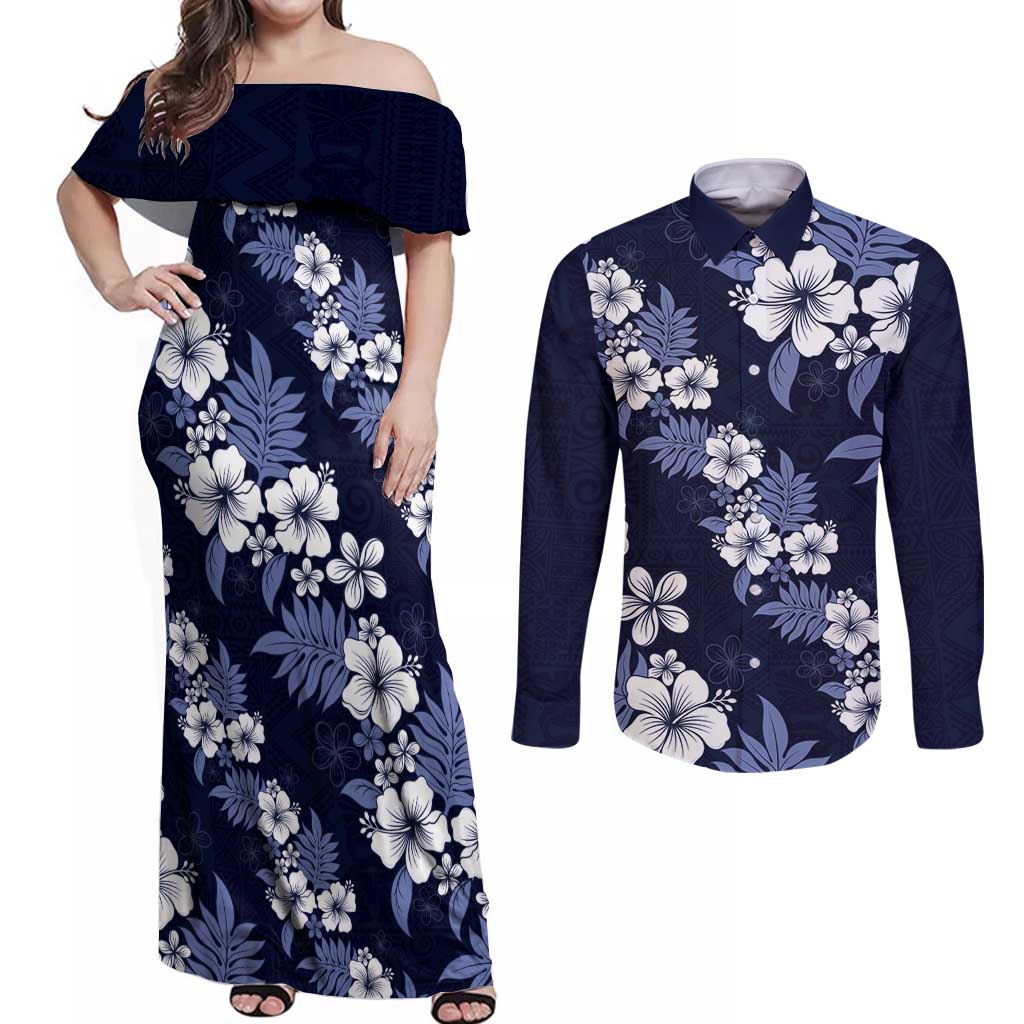 Hawaiian Hibiscus Tribal Floral Blue Couples Matching Off Shoulder Maxi Dress and Long Sleeve Button Shirt Polynesian Tapa Pattern LT01 Blue - Polynesian Pride
