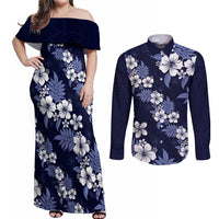 Hawaiian Hibiscus Tribal Floral Blue Couples Matching Off Shoulder Maxi Dress and Long Sleeve Button Shirt Polynesian Tapa Pattern LT01 Blue - Polynesian Pride