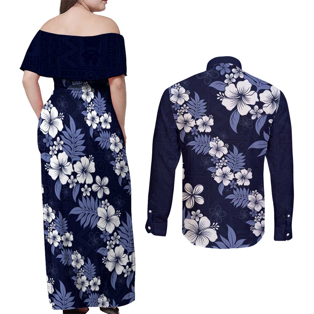 Hawaiian Hibiscus Tribal Floral Blue Couples Matching Off Shoulder Maxi Dress and Long Sleeve Button Shirt Polynesian Tapa Pattern LT01 - Polynesian Pride