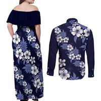 Hawaiian Hibiscus Tribal Floral Blue Couples Matching Off Shoulder Maxi Dress and Long Sleeve Button Shirt Polynesian Tapa Pattern LT01 - Polynesian Pride