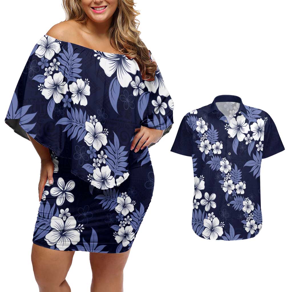 Hawaiian Hibiscus Tribal Floral Blue Couples Matching Off Shoulder Short Dress and Hawaiian Shirt Polynesian Tapa Pattern LT01 Blue - Polynesian Pride