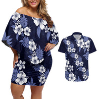 Hawaiian Hibiscus Tribal Floral Blue Couples Matching Off Shoulder Short Dress and Hawaiian Shirt Polynesian Tapa Pattern LT01 Blue - Polynesian Pride