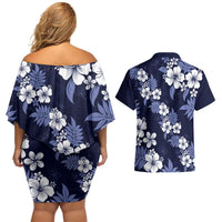 Hawaiian Hibiscus Tribal Floral Blue Couples Matching Off Shoulder Short Dress and Hawaiian Shirt Polynesian Tapa Pattern LT01 - Polynesian Pride