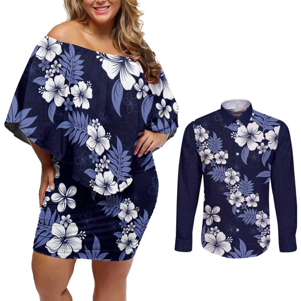 Hawaiian Hibiscus Tribal Floral Blue Couples Matching Off Shoulder Short Dress and Long Sleeve Button Shirt Polynesian Tapa Pattern LT01 Blue - Polynesian Pride